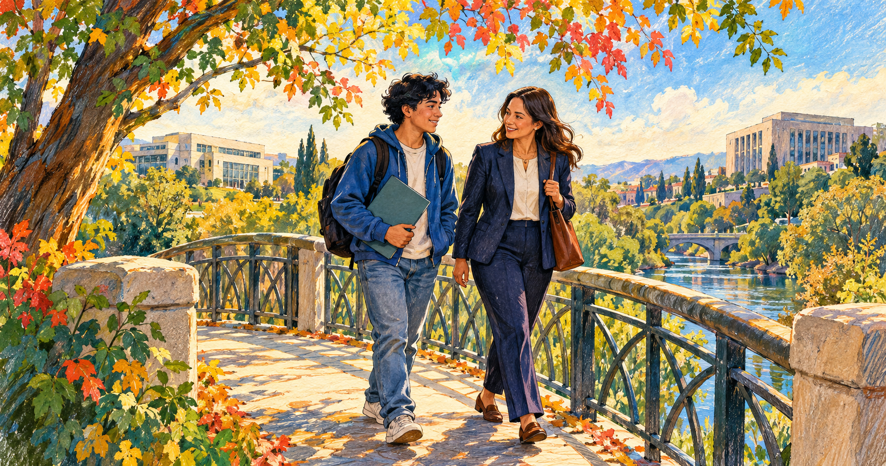Colorful hand-drawn illustration of a young asylum applicant and attorney walking together across a bridge