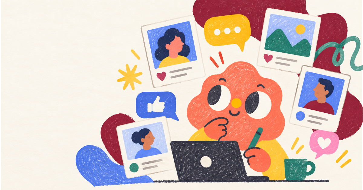Colorful hand-drawn character reviewing simplified online profile cards, illustrating social media review for visa applicants