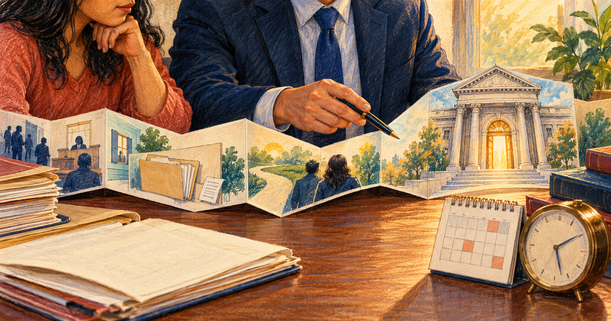 Colorful hand-drawn illustration of an attorney and client reviewing a detention timeline that leads to a federal courthouse