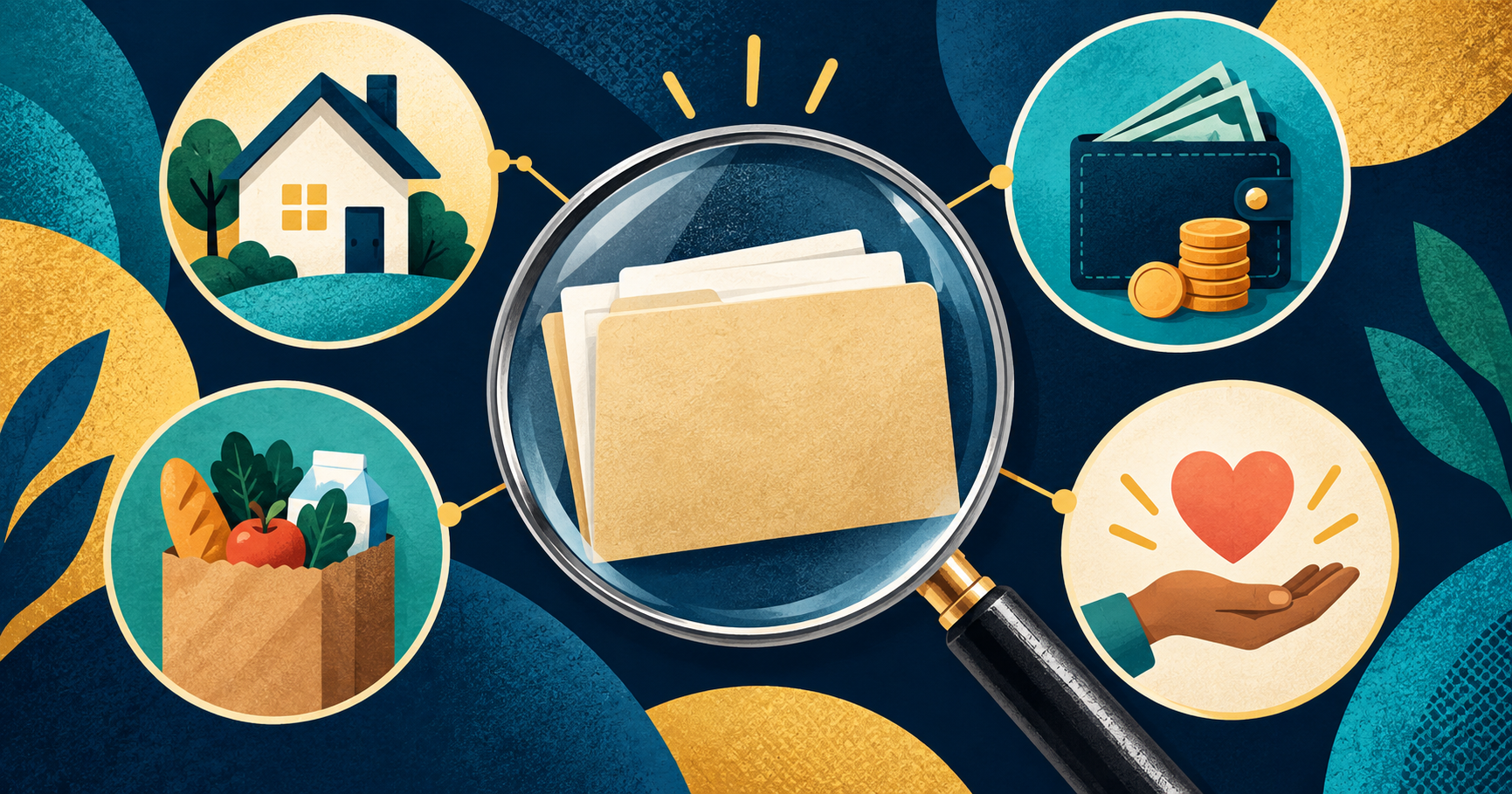 Editorial illustration of an application folder under review, surrounded by symbols for housing, finances, food assistance, and personal support
